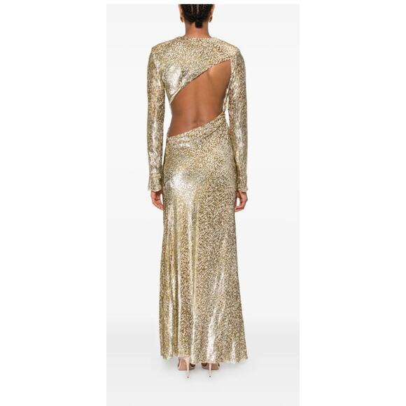Self-Portrait Dresses & Skirts - Self Portrait Women's Gold Metallic Maxi Gown Size 6 Open Back Black